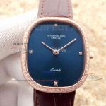 Perfect Replica Patek Philippe Golden Ellipse Watch - Blue Diamond Dial Diamond Bezel